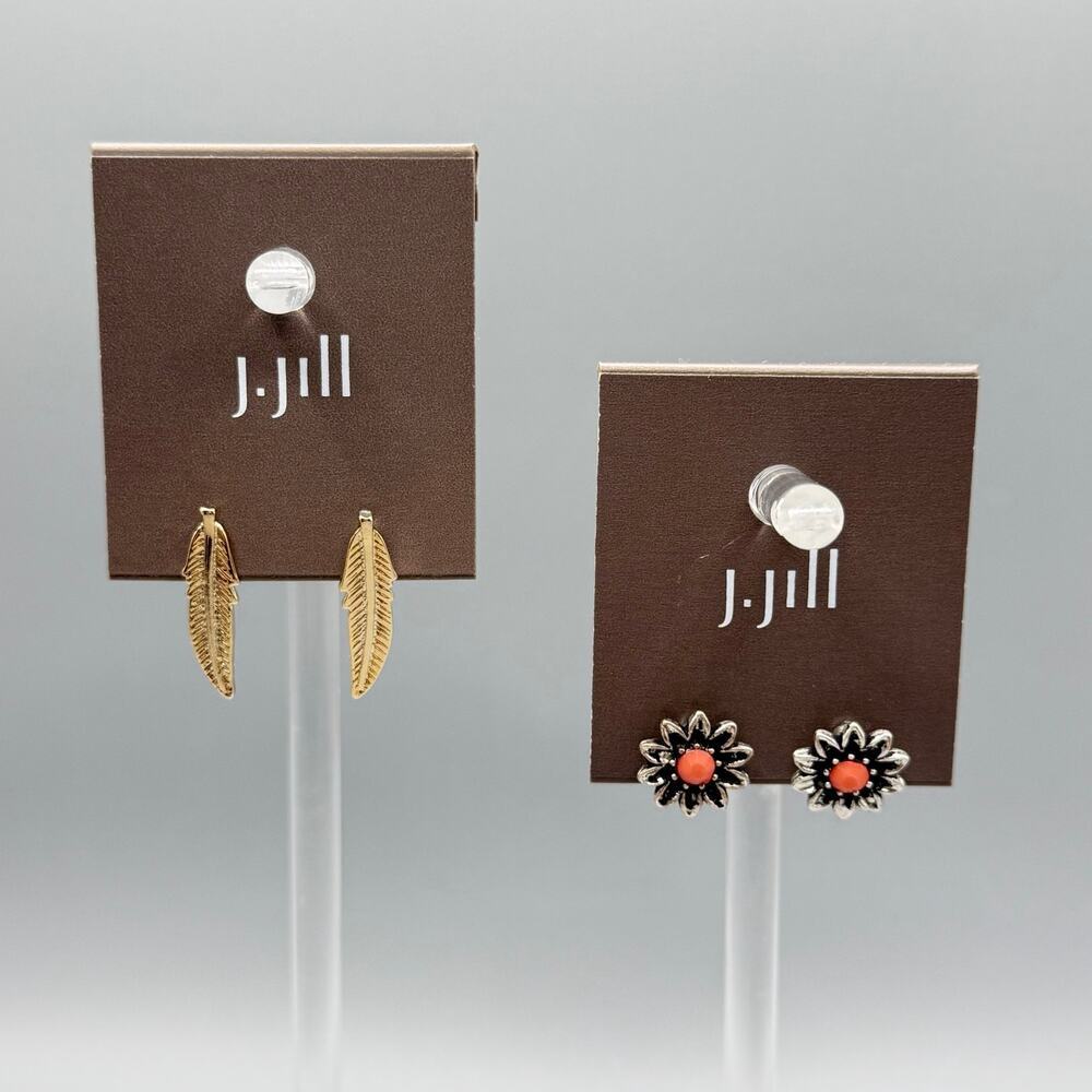 J.Jill Mixed Metal Feather Earrings + Coral Flower Stud Earrings Lot